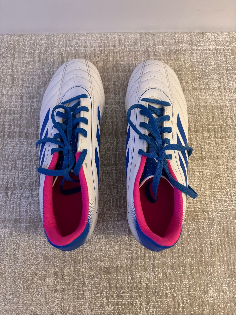 adidas White Sneakers with Blue Stripes and Pink Lining